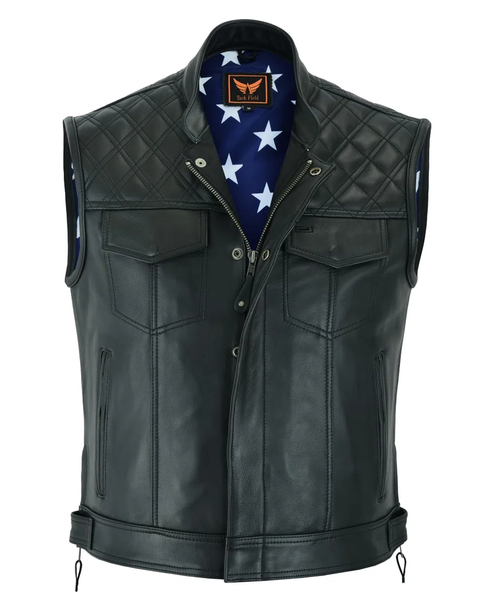 Gilet da motociclista da uomo, in pelle, stile club, con fodera con bandiera, trasporto nascosto, spalle trapuntate
