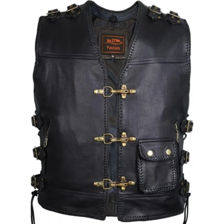 Gilet Moto Uomo In Vera Pelle Nera – Gilet Pelle Uomo Biker, Smanicato Moto Uomo Stile Chopper Con 3 Fermagli In Ottone, Fibbie Regolabili, Lacci Laterali, 5 Tasche E Schiena Predisposta Per Patch