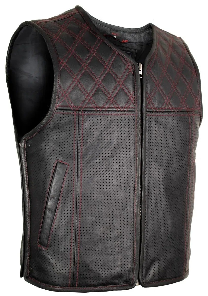 MDM Gilet in vera pelle uomo nero con cuciture rosse trapuntate, stile biker moto club, traforato e traspirante in pelle bovina di alta qualità