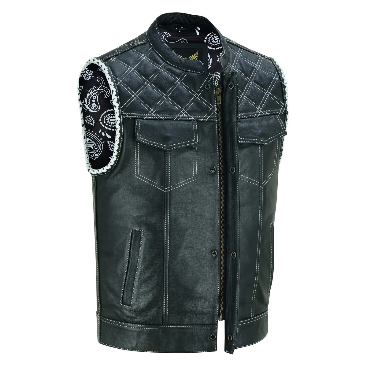 Leatherick Gilet da motociclista in pelle nera da uomo - Fodera tradizionale in raso Paisley con cuciture a rombi bianchi e intreccio intrecciato a mano sul giromanica