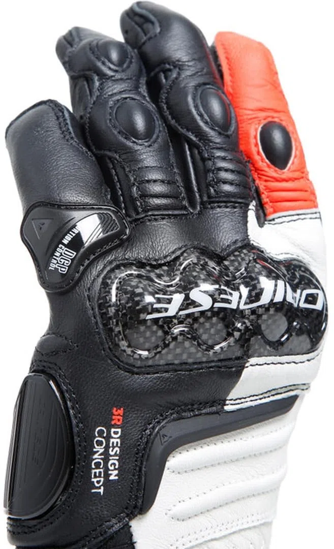 DAINESE - Carbon 4 Long Lady Gloves, Guanti Moto Lunghi in Pelle, Sportivi, Protezioni sulle Nocche in Carbonio, Donna, Nero/Bianco/Rosso-Fluo, M