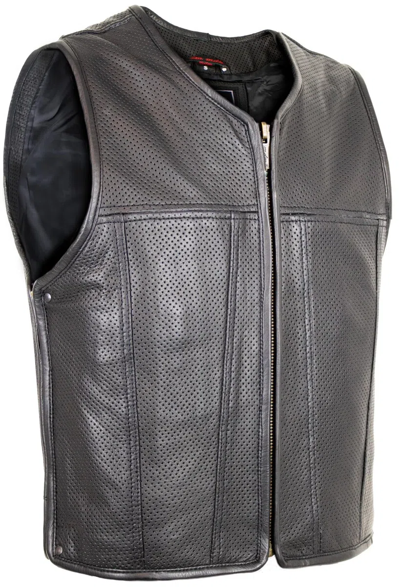 MDM Gilet da motociclista in pelle bovina, traforato, nero, con cerniera senza tasche esterne
