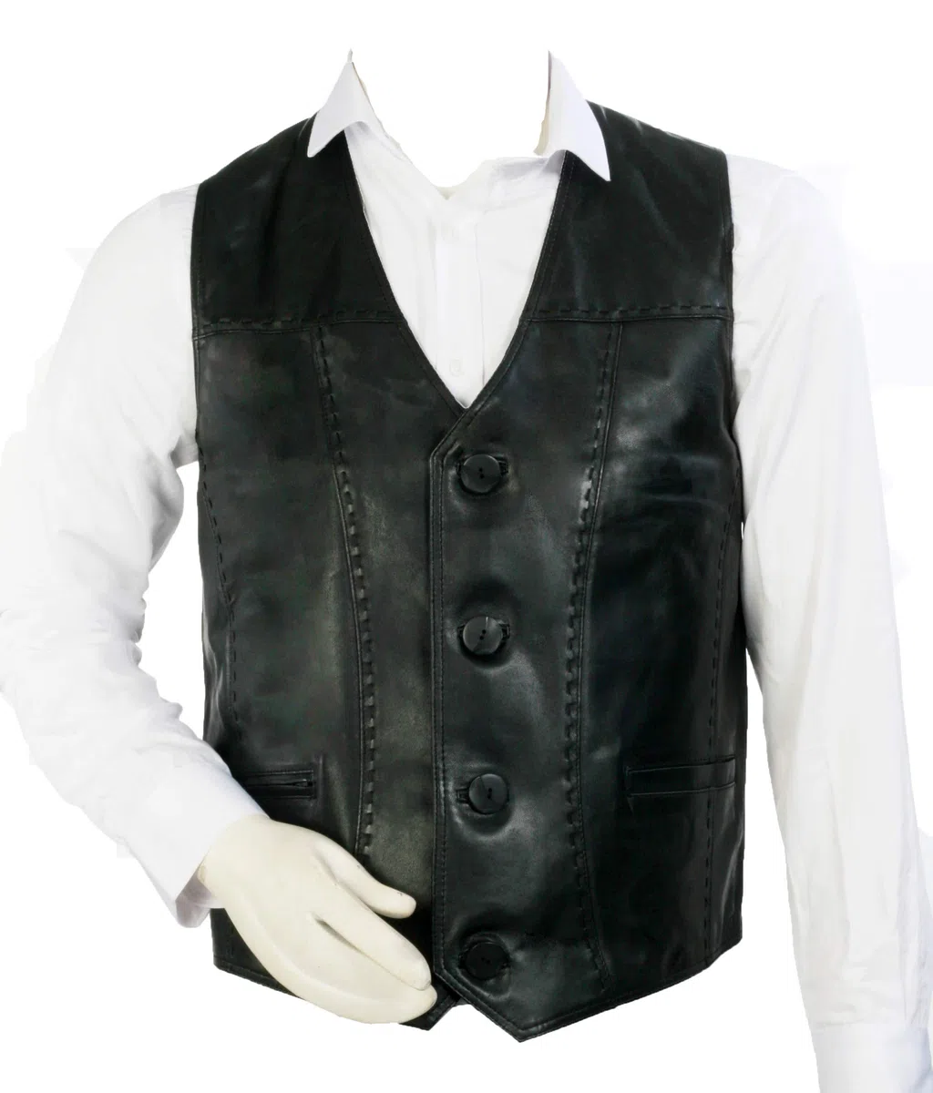 Gilet in pelle di agnello 100%, gilet in pelle nera, maglia morbida della pelle di pecora, Nero , XXL