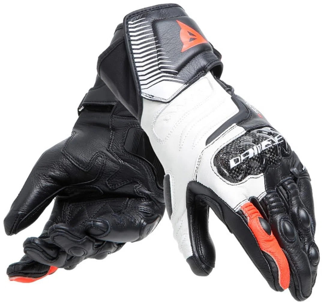 DAINESE - Carbon 4 Long Lady Gloves, Guanti Moto Lunghi in Pelle, Sportivi, Protezioni sulle Nocche in Carbonio, Donna, Nero/Bianco/Rosso-Fluo, M